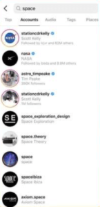 Screenshot der Ergebnisse einer Instagram Suche nach dem Wort