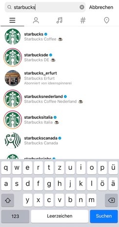 Screenshot der Suchergebnisse bei einer Suche auf Instagram nach