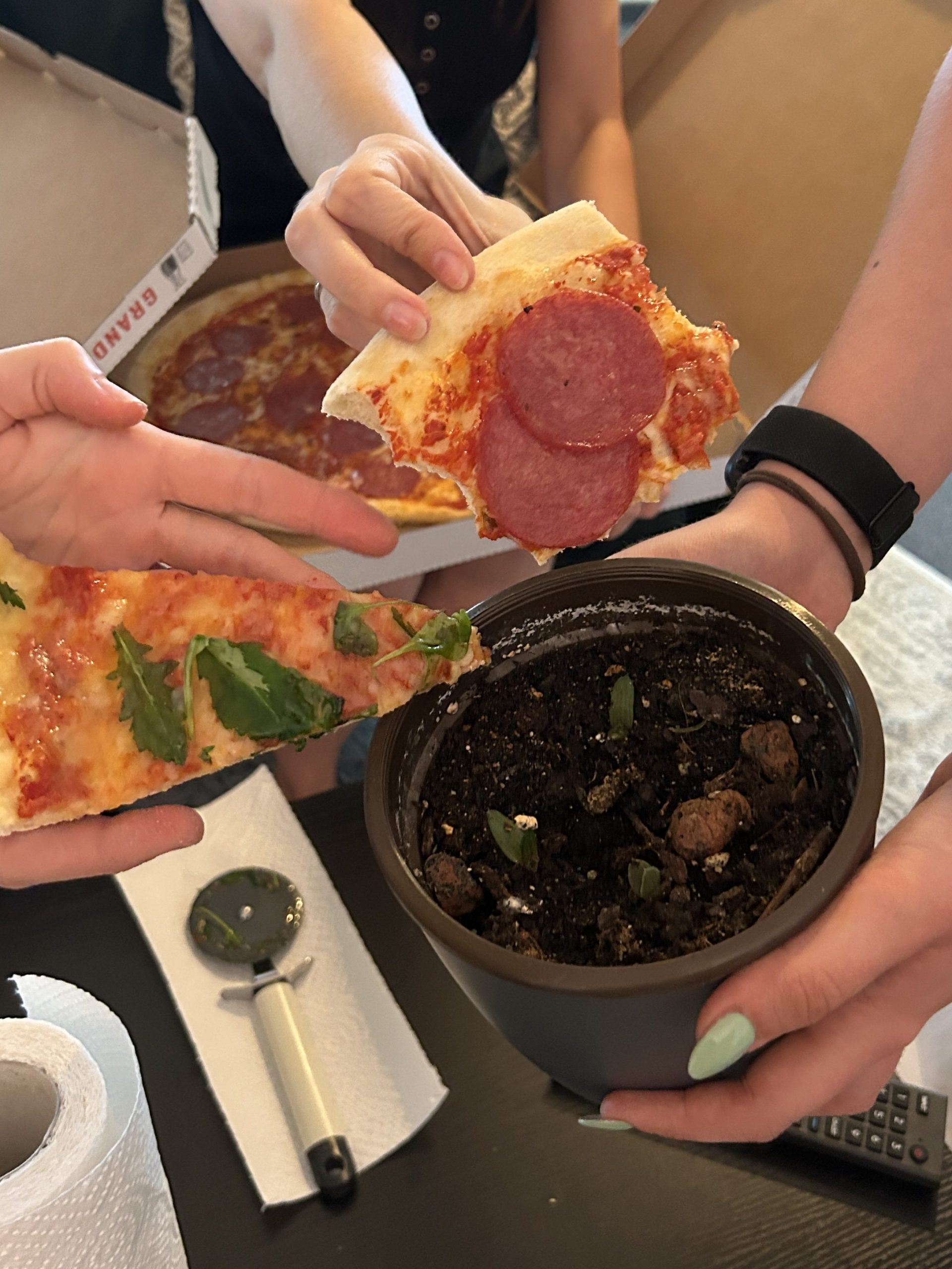 Mehrere Personen halten Pizzastücke und einen Blumentopf in die Kamera