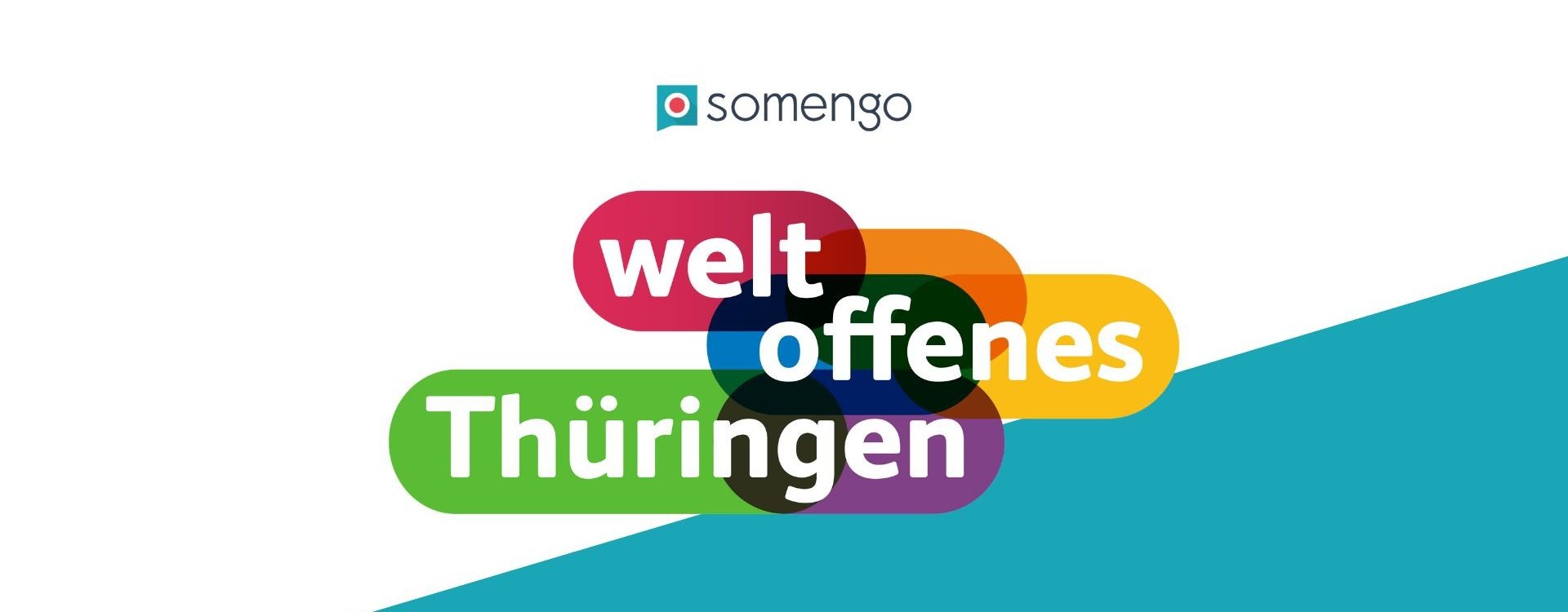 Buntes Logo auf weiß-blauem Hintergrund