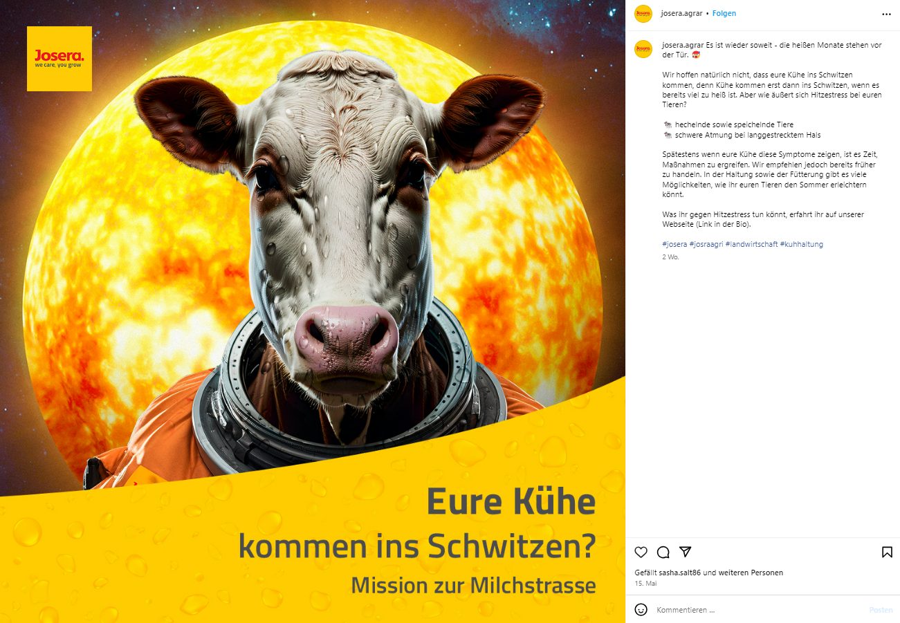 Screenshot eines Instagram-Posts, auf dem eine KI-generierte Kuh im Weltraumanzug vor der Sonne zu sehen ist