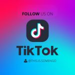 Pink-Türkiser Hintergrund mit dem TikTok-Symbol darauf sowie dem Text "Follow us on TikTok @this.is.somengo"