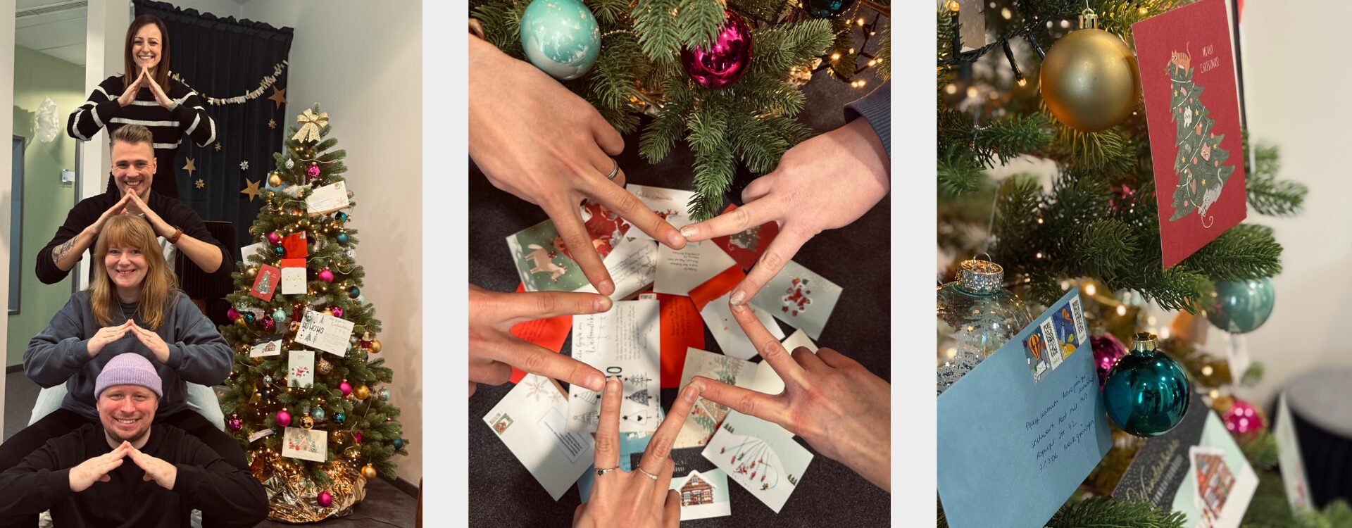 Mitarbeitende der Somengo stehen neben Weihnachtsbaum voller Karten und ahmen dessen Form nach, Mitarbeitende der Somengo formen über Briefstapel einen Stern mit ihren Fingern, Nahaufnahme Weihnachtsbaum mit Weihnachtskarten darin